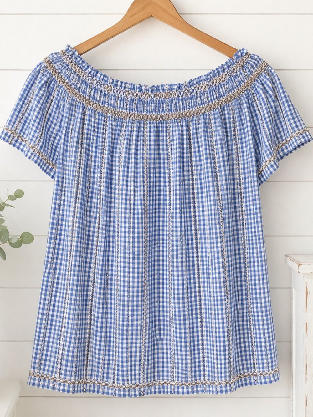 Max Studio Blue Gingham Off Shoulder Top Size L NWT - Picture 6 of 9